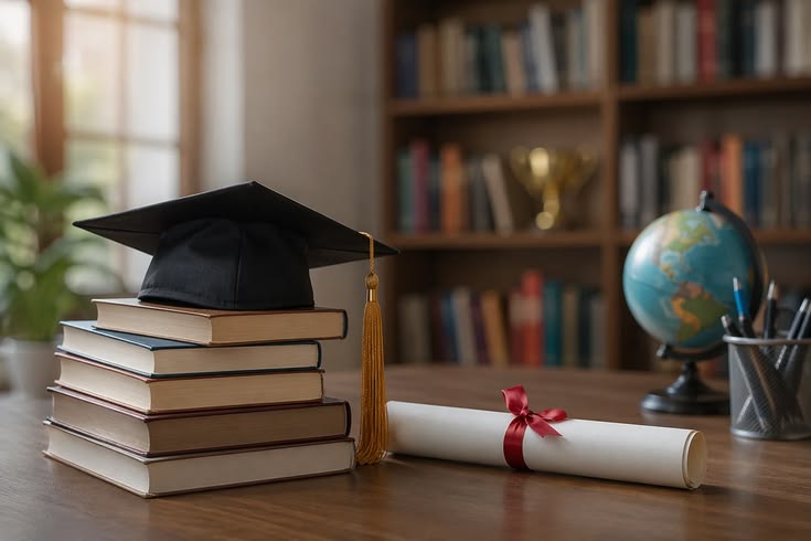 Graduation cap and books, representing educational support