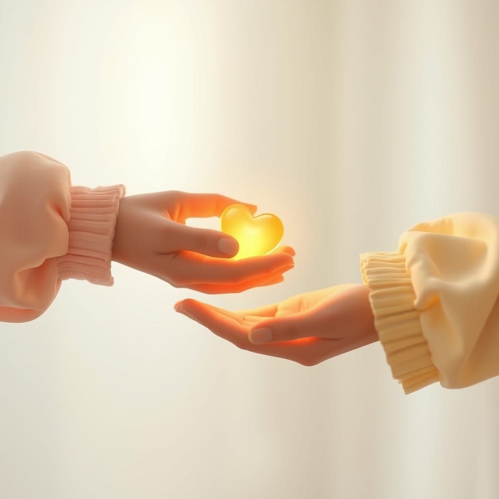 Two hands passing a glowing heart, representing giving